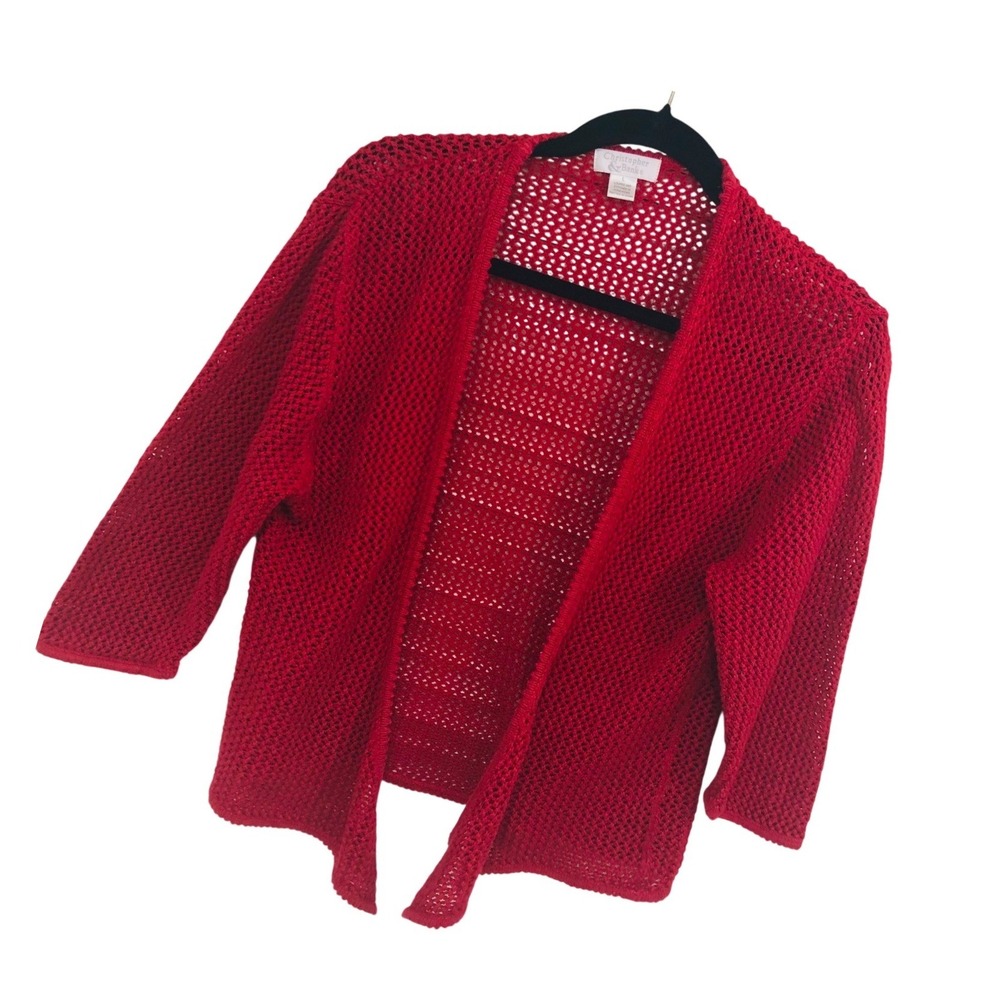 Vintage 90s Y2K Christopher Banks Red Crochet Open Knit Cardigan Sweater Women L